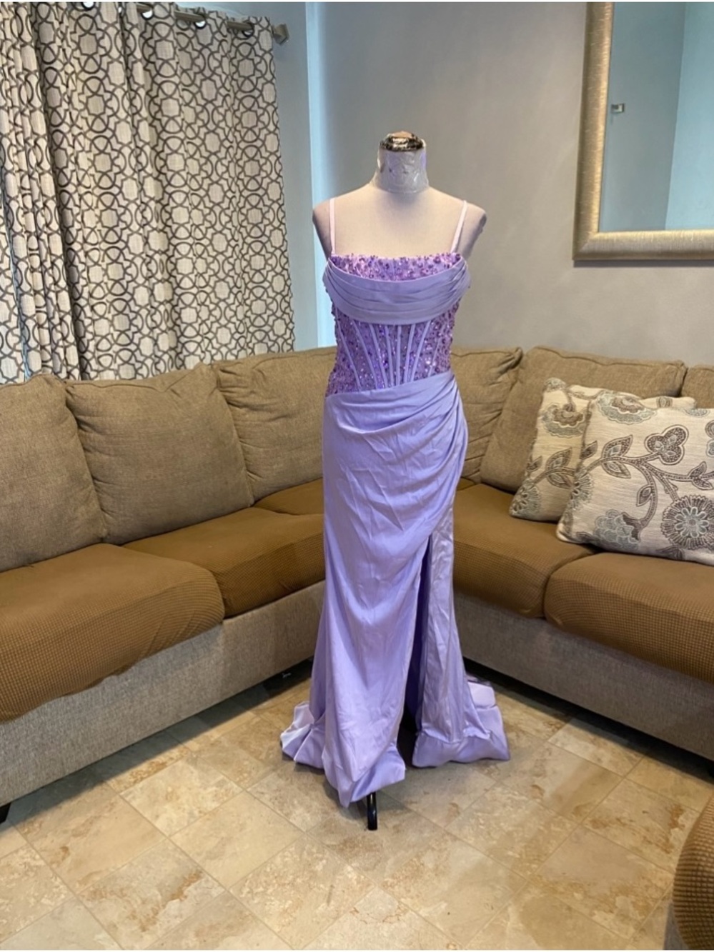 New Women 8 lilac corset prom dress, sequins Ruched With Slit